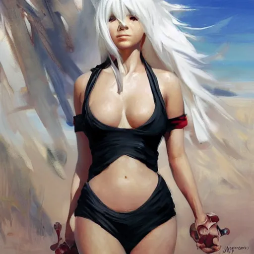 Prompt: greg manchess portrait painting of 2 b nier automata in a bikini, white long hair, organic painting, sunny day, matte painting, bold shapes, hard edges, street art, trending on artstation, by huang guangjian and gil elvgren and sachin teng