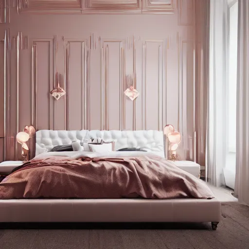 Image similar to 3 d render of white bedroom with rose gold metallic accents