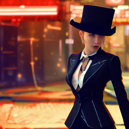 Image similar to beautiful anime woman, pinstripe suit, top hat, cyberpunk background, rendered in octane, unreal engine, raining, highly detailed, trending on artstation, realistic, neon