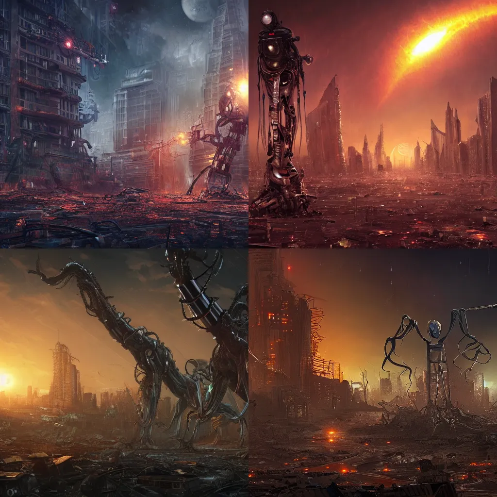 Prompt: monstrous alien tripods with multiple tendrils looming over a destroyed cityscape, night, backlit, sprites, hyperdetailed, cgsociety, artstation