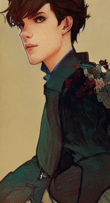 Image similar to Portrait of a cute stylish catboy in his twenties. Art by Greg Rutkowski and Alphonse Mucha