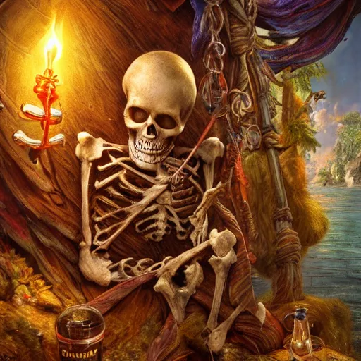 Prompt: pirate skeleton drinking beer by Annie Leibovitz M.W. Kaluta, josephine wall, green wood, nature, 8k resolution, octane render, Trending on artstation, by Justin Gerard and Haeckel. Artstation, volumetric light