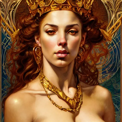 Image similar to highly detailed portrait of a majestic lioness queen in the form of a beautiful woman. d & d. art by eugene delacroix, donato giancola, anna dittmann, arthur adams, alberto vargas. trending on artstation, intricate details, energetic composition, golden ratio, concept art, illustration, elegant art, global illuminaition