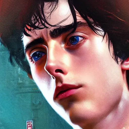 Image similar to timothee chalamet, realistic shaded perfect face, fine details. anime. realistic shaded lighting poster by ilya kuvshinov katsuhiro otomo ghost - in - the - shell, magali villeneuve, artgerm, jeremy lipkin and michael garmash and rob rey