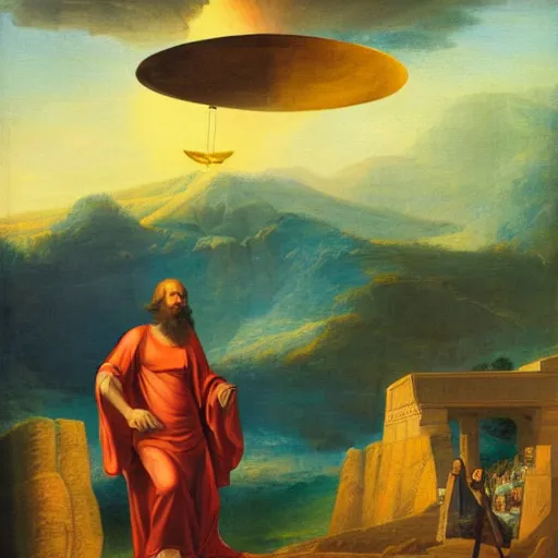 Prompt: moses with the tables of the law coming down from the mount and a ufo in the background