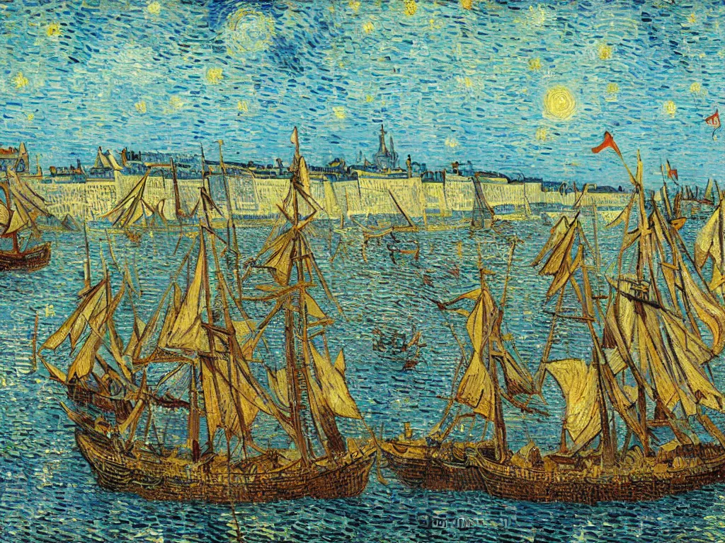 Prompt: oil painting of a viking longships invading medieval paris in summer, light scatter, van gogh