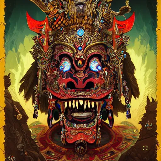 Prompt: barong family ancient sword with jewels, wiwek, mara demon, one single tribe member, jungle, one single mask, dark, ancient warrior, tribal, inner glow, art by dan mumford and justin gerard