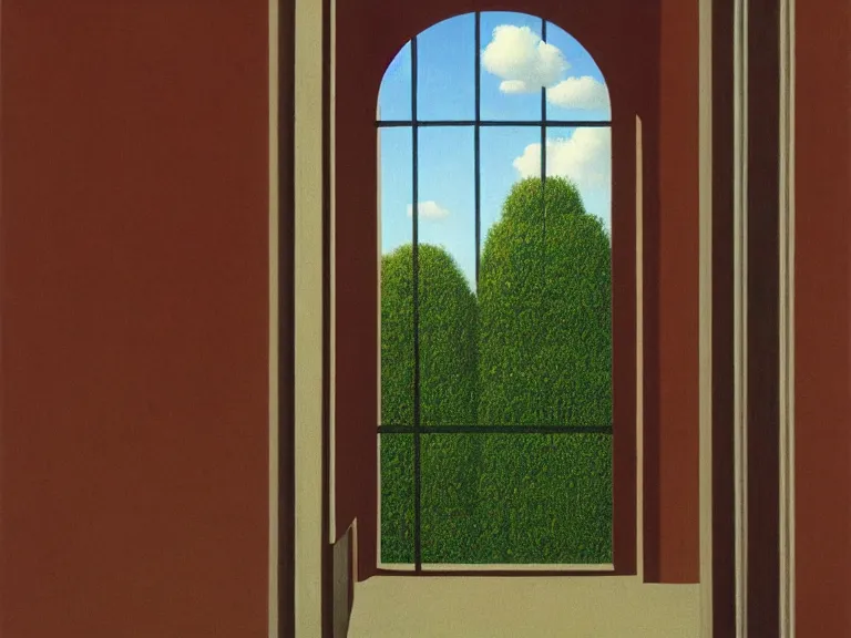 Prompt: an open window to nothingness in brick wall with open doors with endless hallway inside, painting by rene magritte, centered, high detail, high resolution