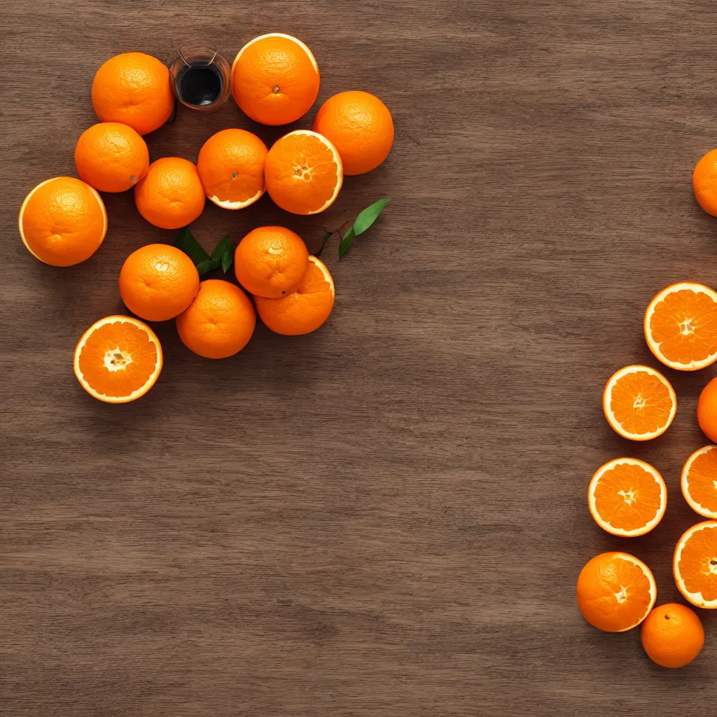 Image similar to top-down view with oranges on top of a wooden table, wallpaper, 4k, photorealistic