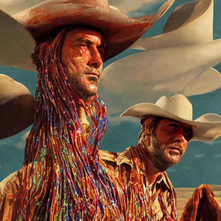 Image similar to 1 9 7 0's spaghetti western film octane render portrait by wayne barlow and carlo crivelli and glenn fabry, a person wearing a shiny colorful iridescent full - body latex suit and cowboy hat covered in colorful slime, standing in a scenic western landscape, cinema 4 d, ray traced lighting, very short depth of field, bokeh