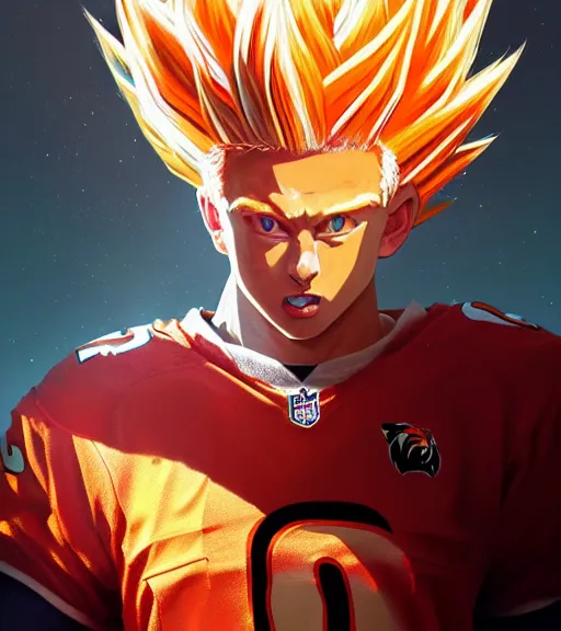 Image similar to highly detailed portrait of super saiyan cooper kupp cincinnati bengals football, unreal engine, fantasy art by greg rutkowski, loish, rhads, ferdinand knab, makoto shinkai and lois van baarle, ilya kuvshinov, rossdraws, tom bagshaw, global illumination, radiant light, detailed and intricate environment