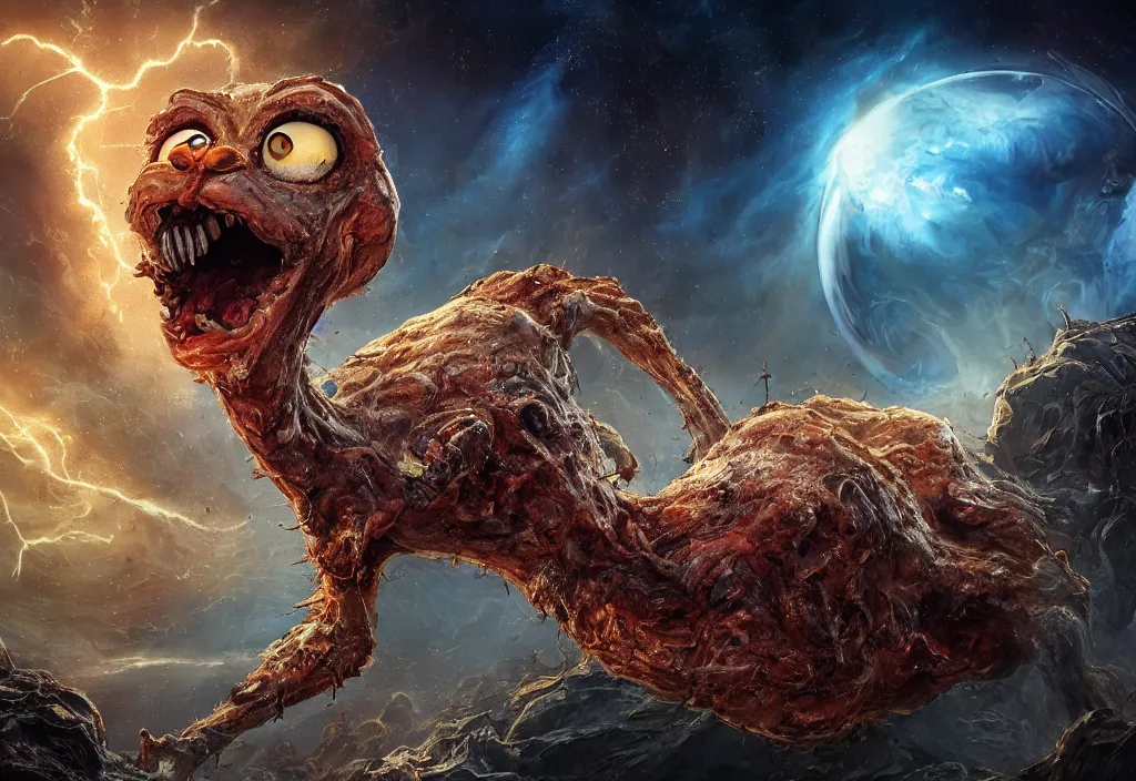 Image similar to eldritch horror bloody garfield in space, hd, 8 k, giant, epic, realistic photo, unreal engine, prophecy, powerful, cinematic lighting, destroyed planet, debris, violent, sinister, ray tracing, dynamic, epic composition, dark, horrific, teeth, grotesque, monochrome drawing, hellscape, corpses, foreboding, lightning, garfield cartoon eyes