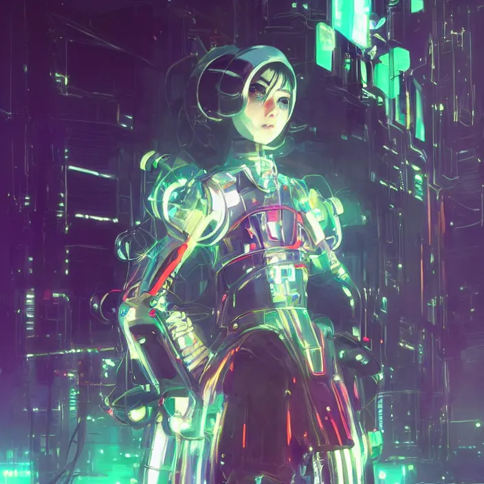 Image similar to a beautiful! bjork model, wearing futuristic cyber leather dress with faint articulated glowing neon colored lights, jrpg aztec street fashion, gapmoe yandere grimdark, trending on pixiv fanbox, painted by greg rutkowski makoto shinkai takashi takeuchi studio ghibli, akihiko yoshida