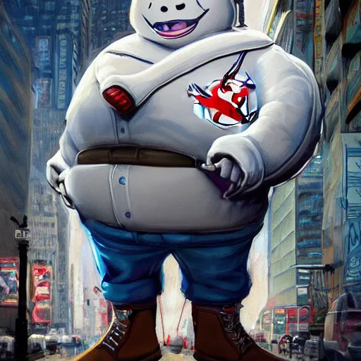 Image similar to a giant ghostbusters stay puff marshmallow man wearing timberland shoes and a yankee hat smoking a joint walking in new york city, highly detailed portrait, digital painting, artstation, concept art, smooth, sharp foccus ilustration, artstation hq