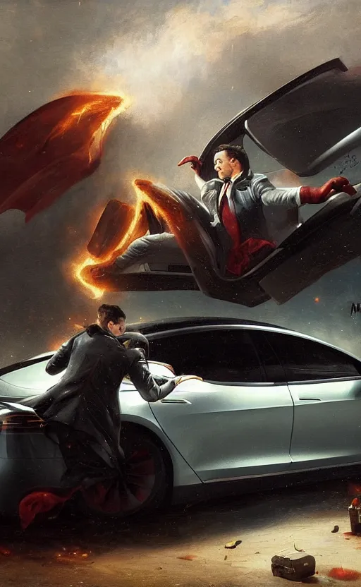 Prompt: elon musk on a murderous rampage in his stolen tesla by raphael lacoste and pierre auguste cot and delphin enjolras and daniel f. gerhartz