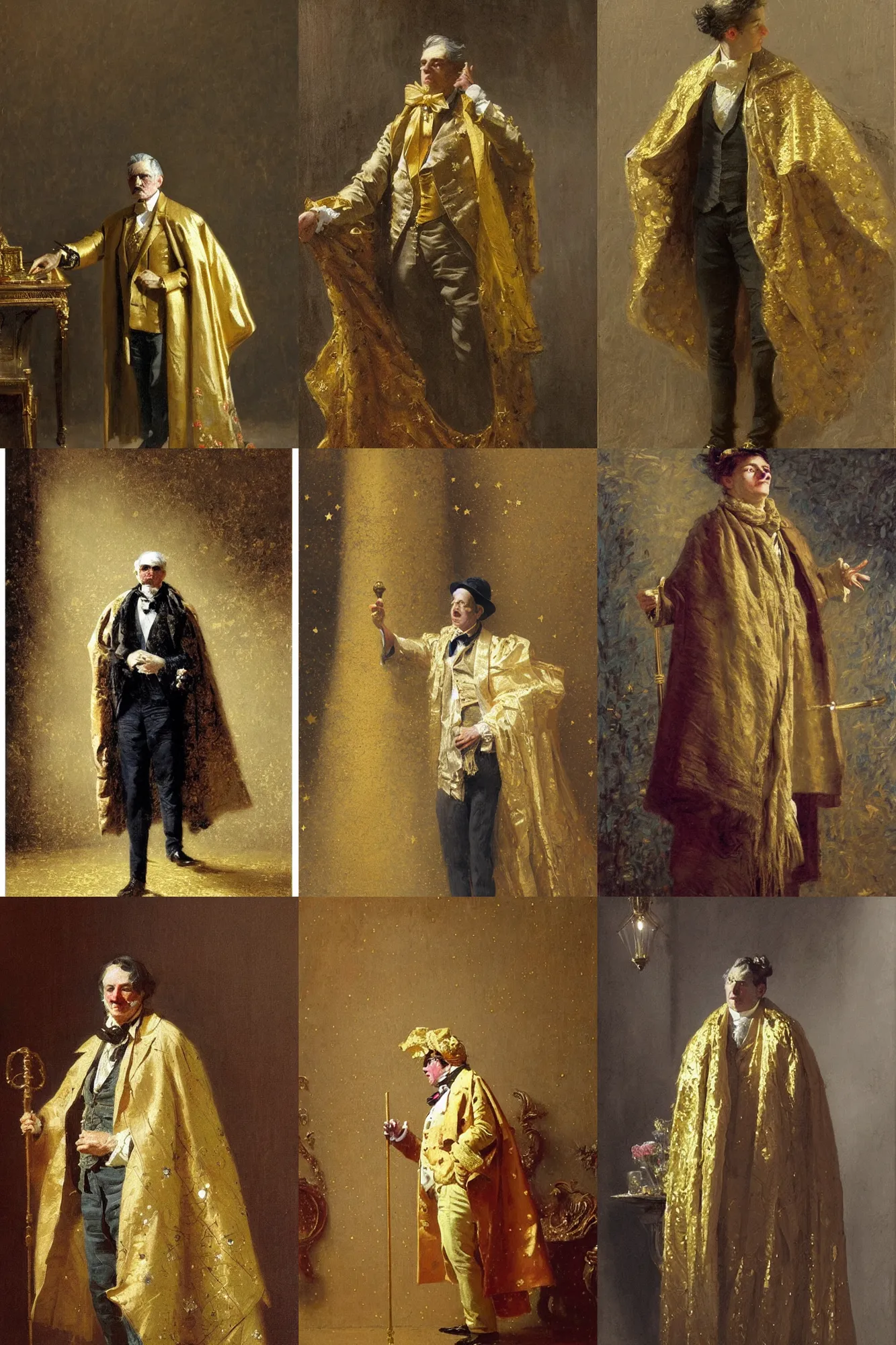 Prompt: a victorian era bank investor with a gold scarf, cape, stars, melancholic, modern maximalist suit, is ( ( holding a cane ) ). light dust, magnificent, hyperdetailed, theatrical, painted by jean honore fragonard and greg rutkowski