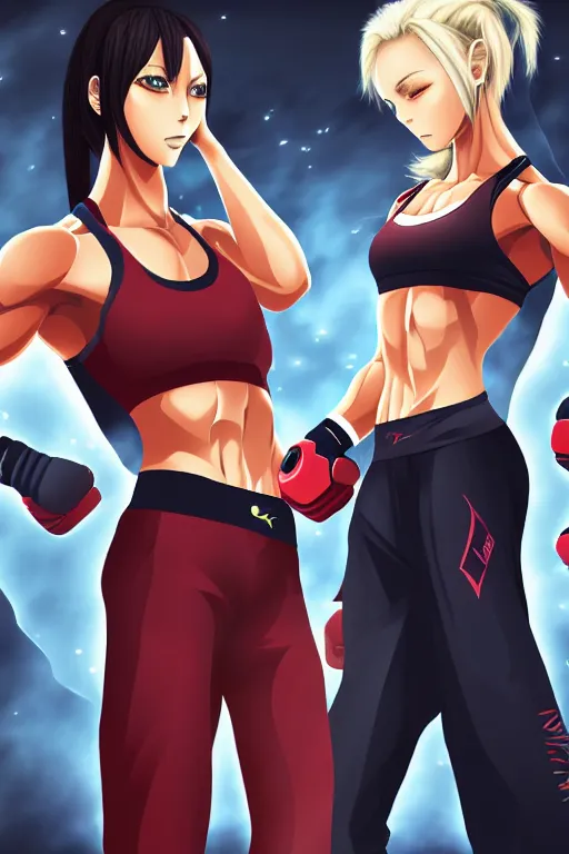 Image similar to two beautiful identical female fighters facing each other in the gym, dim lighting, gorgeous features, high definition, sharp focus, detailed digital anime art