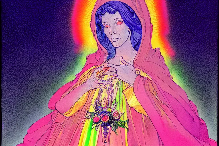 Image similar to a hyperrealist watercolour character concept art portrait of the blessed mary in rainbow gown on well lit night in las vegas, nevada. there is a ufo. neon roses. by rebecca guay, michael kaluta, charles vess and jean moebius giraud