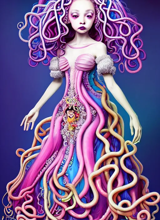 Image similar to A full body shot of a cute and mischievous young monster princess with hair made of tentacles wearing an ornate gown. Dynamic Pose. Quinceanera dress. Rainbow palette. rainbowcore. Eldritch Beauty. defined facial features, symmetrical facial features. Opalescent surface. beautiful lighting. By Giger and Ruan Jia and Artgerm and WLOP and William-Adolphe Bouguereau. Hyper-real. Fantasy Illustration. Masterpiece. trending on artstation, featured on pixiv, award winning, cinematic composition, dramatic pose, sharp, details, Hyper-detailed, HD, HDR, 4K, 8K.