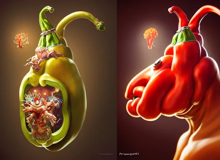 Image similar to a anthropomorphic pepper wearing a lab coat, diffuse lighting, fantasy, intricate, elegant, highly detailed, lifelike, photorealistic, digital painting, artstation, illustration, concept art, smooth, sharp focus, art by frank frazetta and marco bucci and loish and rossdraws and artgerm and alphonse mucha