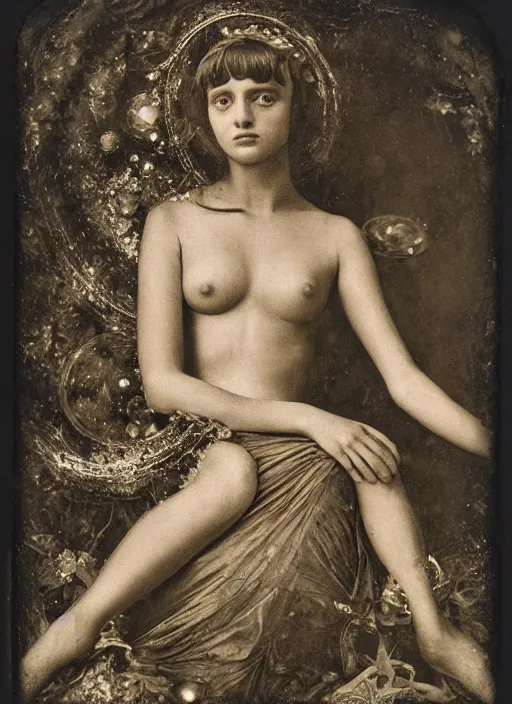 Prompt: old wetplate daguerreotype portrait of birth of venus, explosion of data fragments, fractal, intricate, elegant, highly detailed, parallax, leica, medium format, subsurface scattering, portrait, elegant, highly detailed, matte painting, by stanley spencer