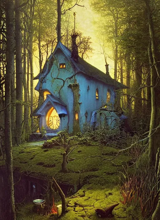 Image similar to hyper realistic witch cottage with mood lighting and technology in the woods gorgeous lighting, sunbeams blue sky, highly detailed, lush forest foliage painting by zdzisław beksinski and norman rockwell and greg rutkowski weta studio, and lucasfilm