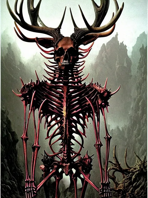 Prompt: A little vibrant. A spiked horned detailed deer-semihuman skeleton with armored joints stands in a large cavernous dark castle with a pebble in hands. Wearing massive shoulderplates, cloak. Extremely high details, realistic, fantasy art, solo, masterpiece, bones, ripped flesh, colorful art by Zdzisław Beksiński, Arthur Rackham, Dariusz Zawadzki, Harry Clarke