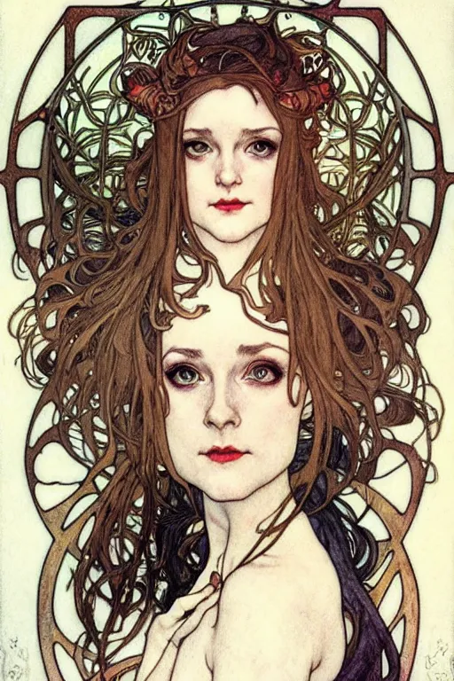 Image similar to in the style of artgerm, arthur rackham, alphonse mucha, evan rachel wood, symmetrical eyes, symmetrical face, flowing white dress