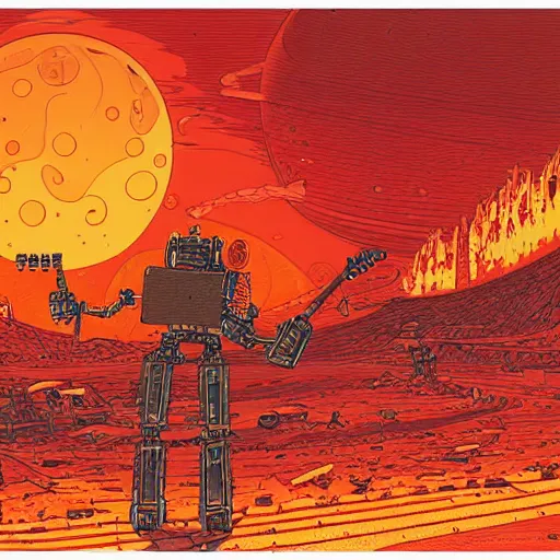 Image similar to illustration of a robot playing guitar in a ruined burning street by kilian eng, katsuhiro otomo and jean giraud moebius, biomechanical, nightime, blood moon