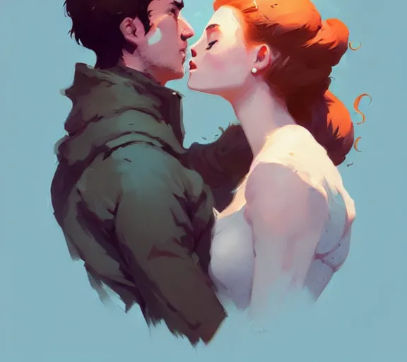 Prompt: portrait of jon kissing sansa by atey ghailan, by greg rutkowski, by greg tocchini, by james gilleard, by joe fenton, by kaethe butcher, dynamic lighting, gradient light blue, brown, blonde cream and white color scheme, grunge aesthetic