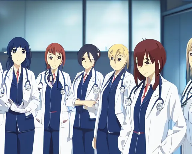 Image similar to five cute young female doctors wearing white coat standing in front of a CT machine, slice of life anime, lighting, anime scenery by Makoto shinkai