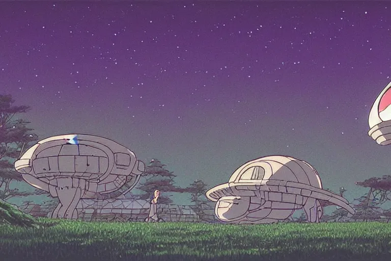 Prompt: a still from a studio ghibli film of an alien mothership from princess mononoke ( 2 0 0 4 ) at night in a suburban backyard. full body, wide shot, very muted colors, post grunge, studio ghibli, laurie greasley, highly detailed, deviantart, art by artgem