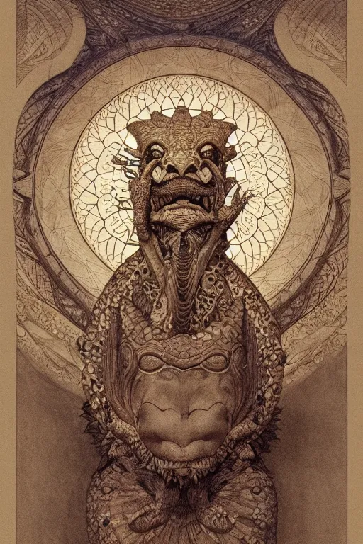 Prompt: beautiful crocodile headed god by maxfield parrish, mandala, coherent design, digital watercolor ink illustration painting, extremely dull colors, golden ratio, detailed, sharp lines, sharp focus, intricate, artgerm, gustave dore, alphonse mucha, octane render