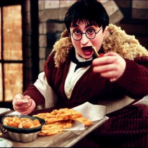 Image similar to obese harry potter eating fried chicken, movie still