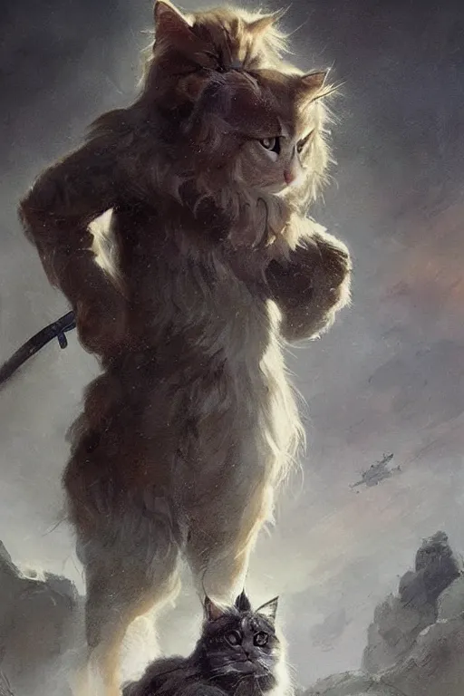 Image similar to a female sodier with a head of a british longhair cat in the war, epic scene, by greg rutkowski