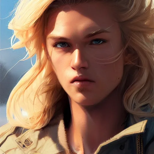 Image similar to hot looking blonde wearing jacket, light stubble, digital art, photorealistoc, art by greg rutkowski, hyperdetailed, western comic style, comic, comic style, sharp lineart, professional lighting, deviantart, artstation, trevor henderson, rossdtaws, cinematic, dramatic