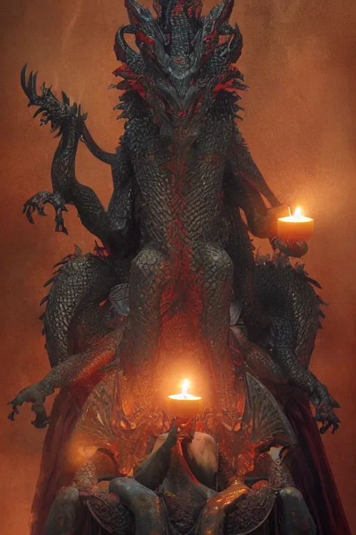 Prompt: 0 a dragon king sits on a throne by greg rutkowski magic realism hyper realistic 2 0 0 mm lens candlelight