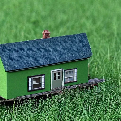 Prompt: An uncanny house in a flat green grass platform, depressing.