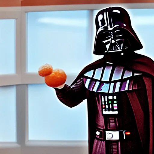 Image similar to darth vador working at dunkin donuts , 8k cinematic lighting, very sharp detail, anatomically correct