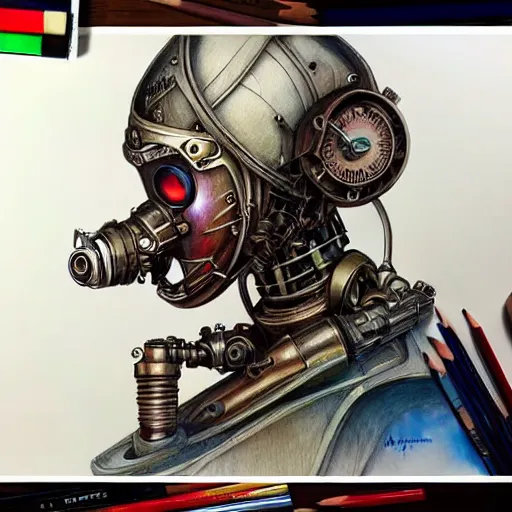Image similar to hyper realistic pencil drawing of a steampunk robot , water color, full portrait, detailed, rim light, diffused, intricate, by anna dittmann,