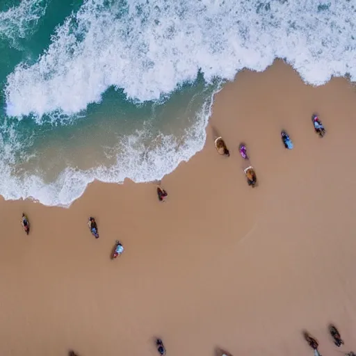 Prompt: a drone shot from above of surfers in an ocean with purple water and big waves that are crashing on bright white sand