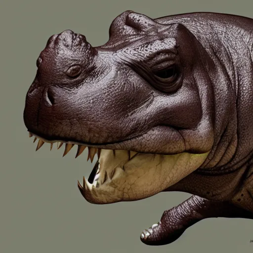 Image similar to A Trex-hippopotamus-crocodile crossbreed, illustrated by Antoine Verney-Carron, trending on artstation, 4k, 8k, artstation 3d render, artstation 3d, artstation graphics, artstation lighting