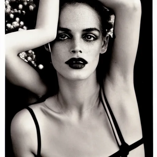 Image similar to a beautiful professional photograph by herb ritts and ellen von unwerth for vogue magazine of a beautiful lightly freckled and unusually attractive female fashion model looking at the camera in a flirtatious way, zeiss 5 0 mm f 1. 8 lens