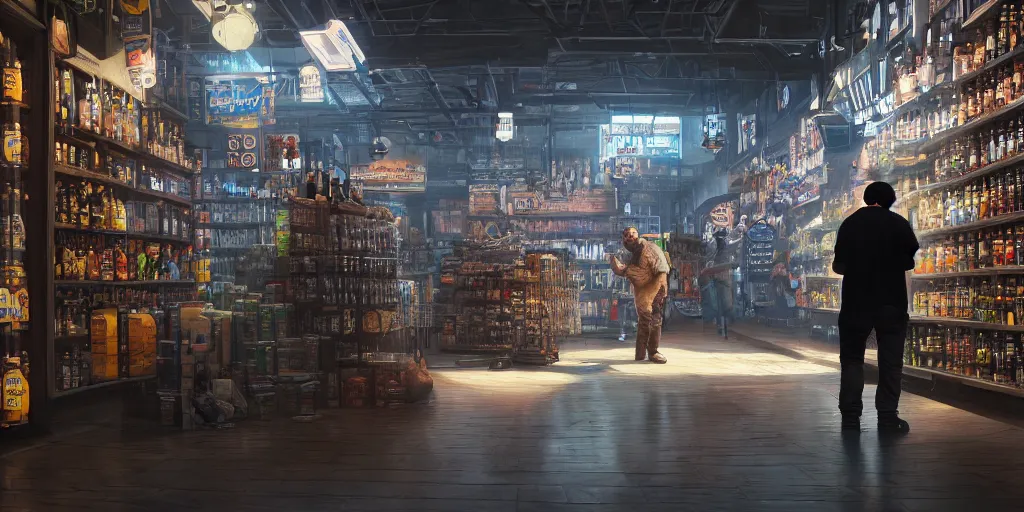 Image similar to a man shopping for beer and diapers, dim volumetric lighting, 8 k octane beautifully detailed render, post - processing, extremely hyper - detailed, intricate, epic composition, calendar says monday, cinematic lighting, masterpiece, trending on artstation, detailed detailed detailed, masterpiece, stunning art, wonderful masterpiece, beautiful cinematic light