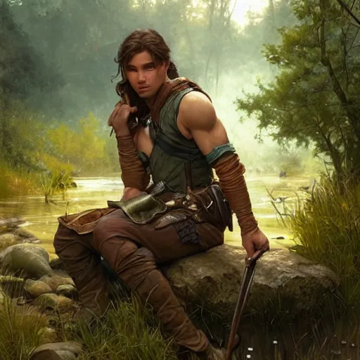 Image similar to young rugged ranger sitting by a stream, muscular thighs, soft smile, D&D, fantasy, intricate, cinematic lighting, highly detailed, digital painting, artstation, concept art, smooth, sharp focus, illustration, art by Artgerm and Greg Rutkowski and Alphonse Mucha