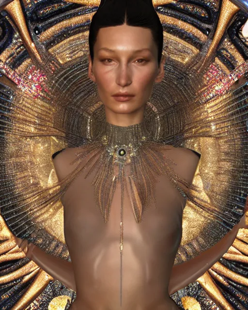 Prompt: a highly detailed metahuman 4 k close up render of an alien goddess bella hadid as jesus christ in iris van herpen dress schiaparelli in diamonds crystals swarovski and jewelry iridescent in style of alphonse mucha gustav klimt trending on artstation made in unreal engine 4