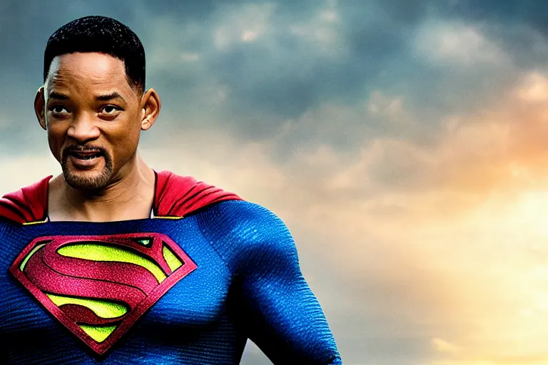 Image similar to promotional image of will smith as superman in the new superman movie, detailed face, movie still frame, promotional image, imax 70 mm footage