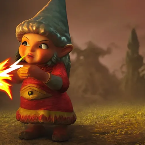 Image similar to A beautiful female gnome wizard casting a lightning spell at a monstrous black dragon::cinematic::dramatic::kinetic::photo realistic::wide angle::high detail