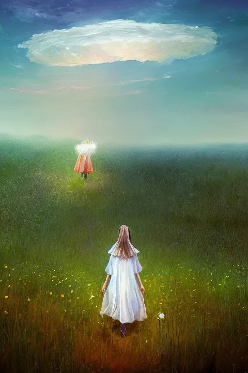 Image similar to giant white daisy flower veil, girl walking in a flower field, surreal photography, sunrise, dramatic light, impressionist painting, colorful clouds, digital painting, artstation, simon stalenhag