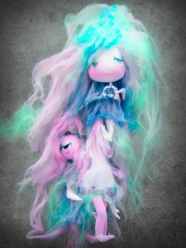 Image similar to cute fumo plush smiling ectoplasmic jellyfish ghost girl waving in deep fog over mysterious reflective waters, patchwork doll chibi gothic maiden in tattered melting rags, glowing pink wisps of hazy green smoke and eerie blue volumetric fog swirling about, moonlight, glowing lens flare, black and white, reflective refractive optics, vray